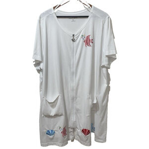 Fashion Bug Zippered White Short Robe Swimsuit Beach CoverUp Ocean Embroidery 3X